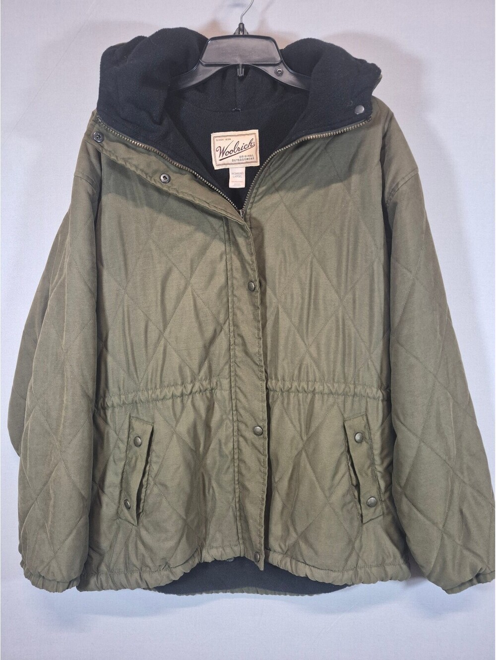 Woolrich Women's Large Olive Green Quilted Fleece Lined Hooded Jacket Coat